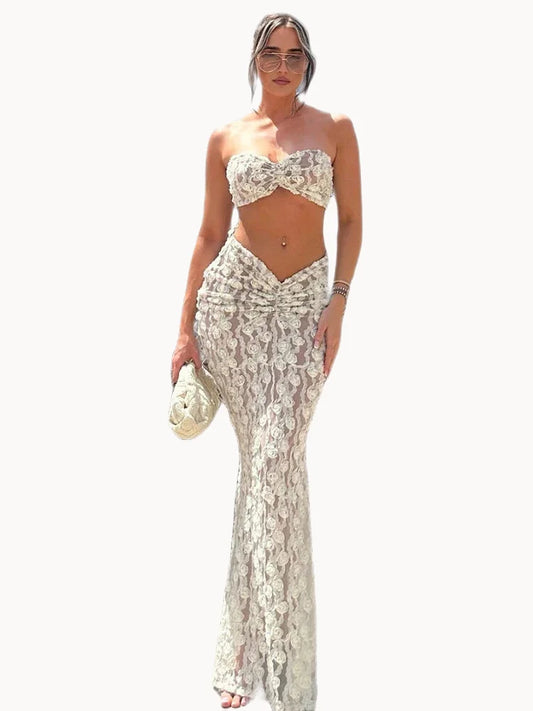 Clubbing Outfits- Women Two-Piece Mermaid Outfit for Summer Parties - Tube Top & Skirt- White- Pekosa Women Fashion
