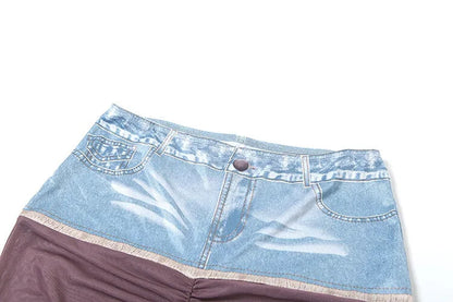 Haut dos nu en maille imprimé denim et jupe haute-basse pour femme