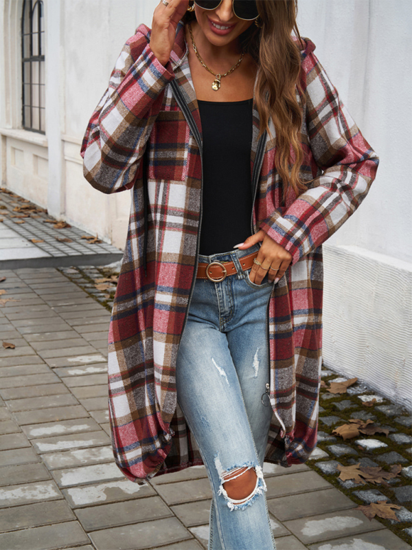 Coats- Autumn Layer Zippered Plaid Hooded Longline Coat- - Pekosa Women Fashion