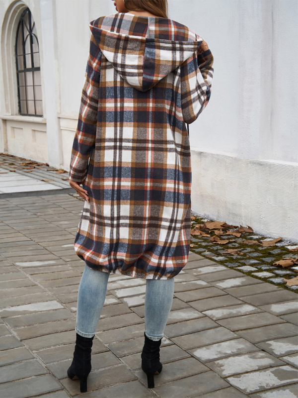 Coats- Autumn Layer Zippered Plaid Hooded Longline Coat- - Pekosa Women Fashion