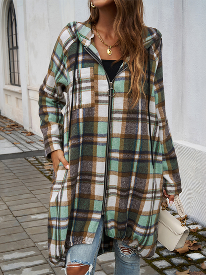 Coats- Autumn Layer Zippered Plaid Hooded Longline Coat- - Pekosa Women Fashion