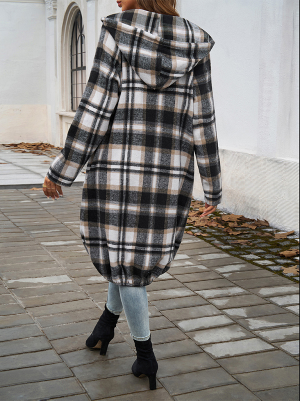 Coats- Autumn Layer Zippered Plaid Hooded Longline Coat- - Pekosa Women Fashion