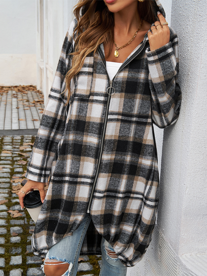 Coats- Autumn Layer Zippered Plaid Hooded Longline Coat- - Pekosa Women Fashion