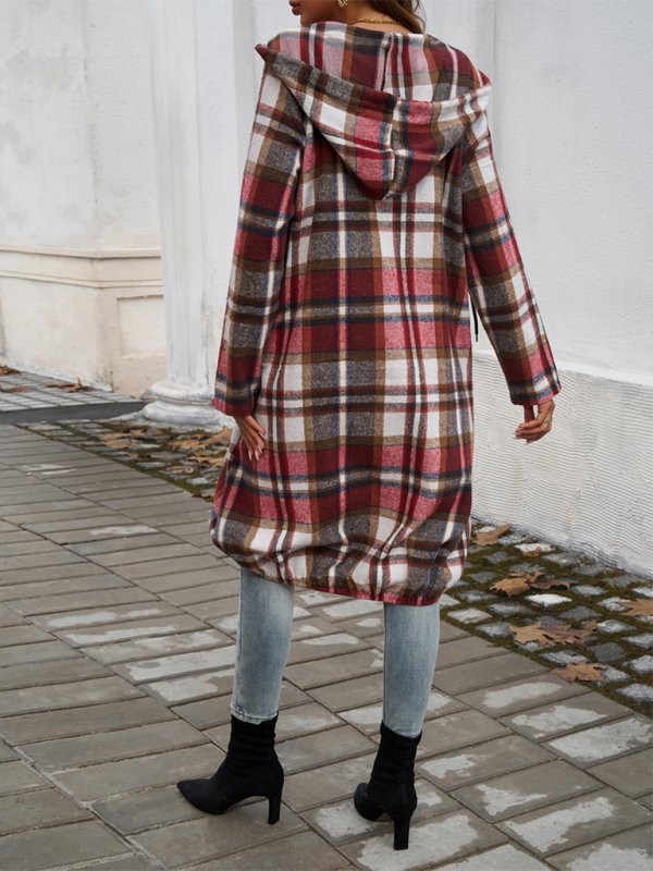 Coats- Autumn Layer Zippered Plaid Hooded Longline Coat- - Pekosa Women Fashion