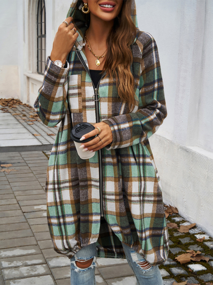 Coats- Autumn Layer Zippered Plaid Hooded Longline Coat- Green- Pekosa Women Fashion