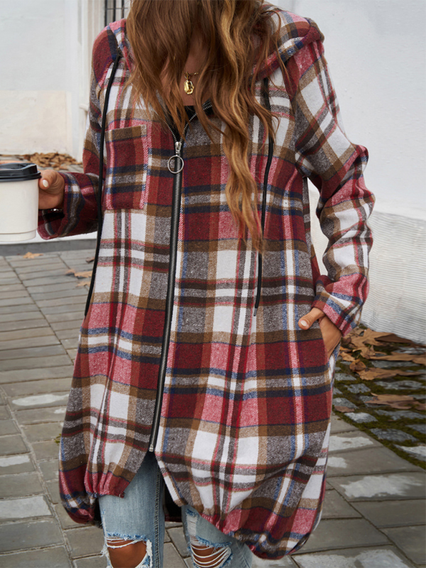 Coats- Autumn Layer Zippered Plaid Hooded Longline Coat- - Pekosa Women Fashion