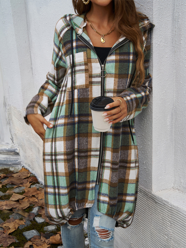 Coats- Autumn Layer Zippered Plaid Hooded Longline Coat- - Pekosa Women Fashion