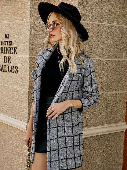 Coats- Cozy Knit Notch Lapel Winter Houndstooth Coat- - Pekosa Women Clothing