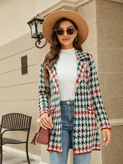 Coats- Cozy Knit Notch Lapel Winter Houndstooth Coat- - Pekosa Women Clothing