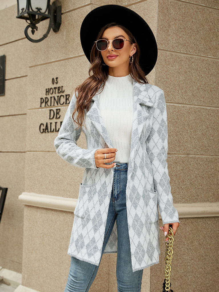 Coats- Cozy Knit Notch Lapel Winter Houndstooth Coat- - Pekosa Women Clothing