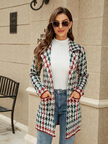 Coats- Cozy Knit Notch Lapel Winter Houndstooth Coat- - Pekosa Women Clothing