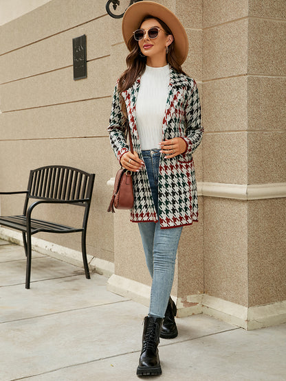 Coats- Cozy Knit Notch Lapel Winter Houndstooth Coat- - Pekosa Women Clothing