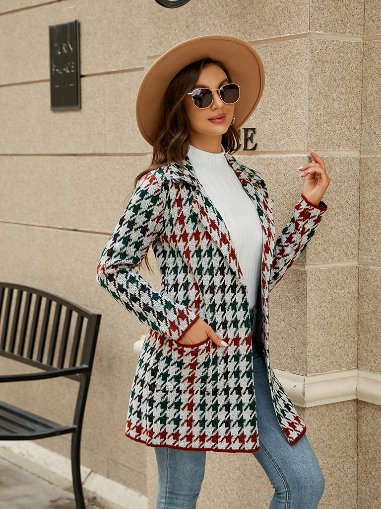 Coats- Cozy Knit Notch Lapel Winter Houndstooth Coat- - Pekosa Women Clothing