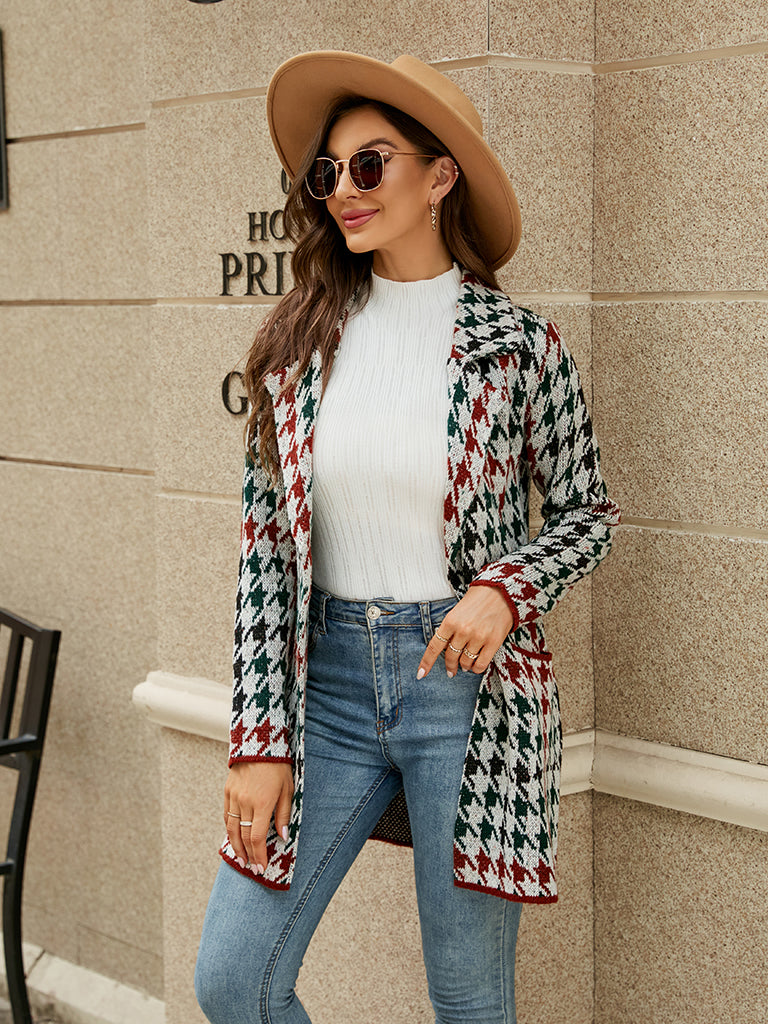 Coats- Cozy Knit Notch Lapel Winter Houndstooth Coat- - Pekosa Women Clothing