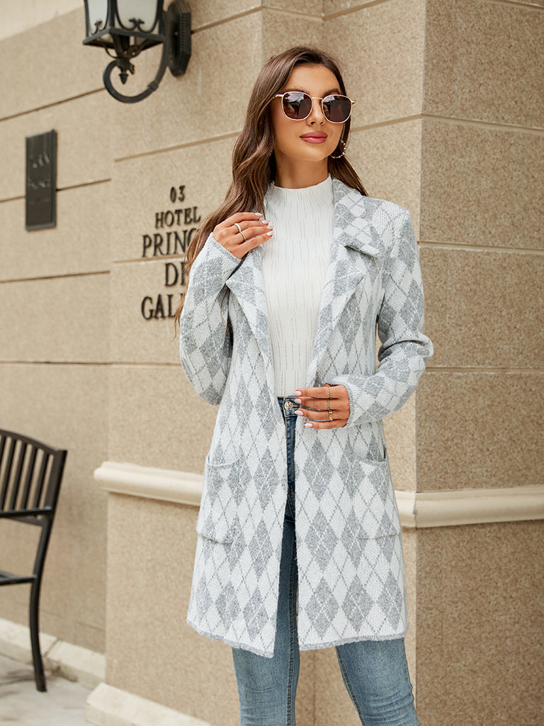 Coats- Cozy Knit Notch Lapel Winter Houndstooth Coat- Grey- Pekosa Women Clothing