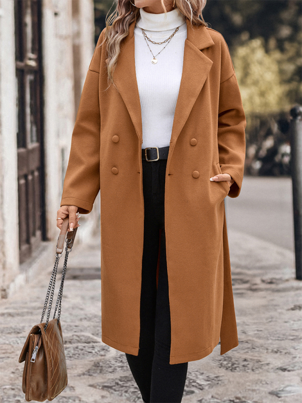 Coats - Elegant Caramel Tweed Double-breasted Coat