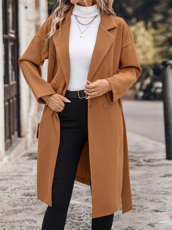 Coats - Elegant Caramel Tweed Double-breasted Coat