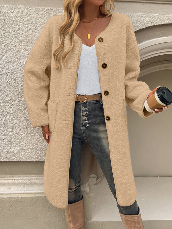 Coats- Elegant Winter Plush Long Coat for Women- Khaki- Pekosa Women Fashion