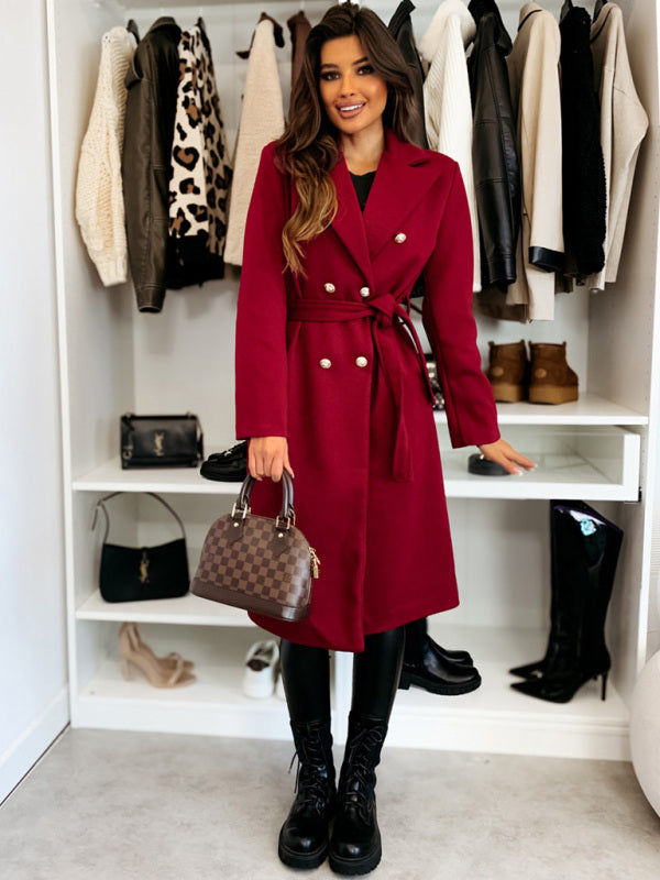 Coats - Elegant Wool Coat for Women Double-Breasted Belted Outerwear