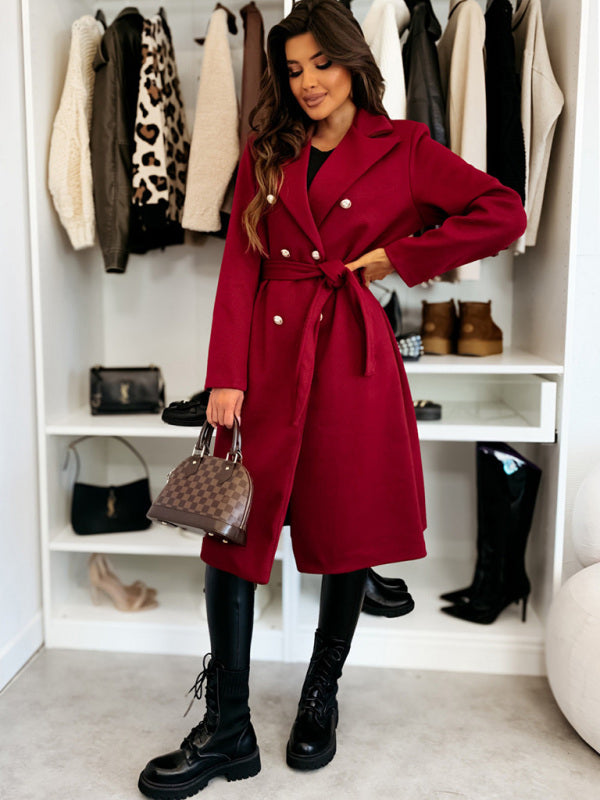 Coats - Elegant Wool Coat for Women Double-Breasted Belted Outerwear