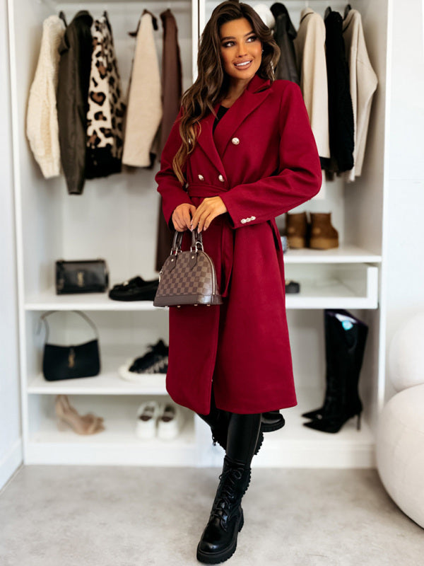 Coats - Elegant Wool Coat for Women Double-Breasted Belted Outerwear