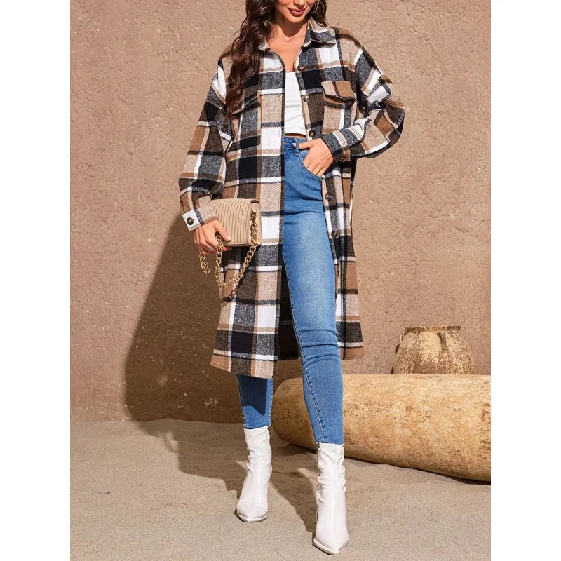 Coats- Fall Plaid Longline Coat for Work & Casual Outings- - Chuzko Women Clothing