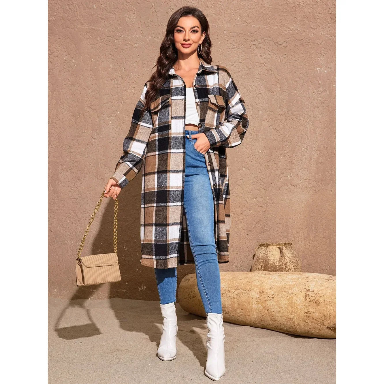 Coats- Fall Plaid Longline Coat for Work & Casual Outings- Plaid- Chuzko Women Clothing