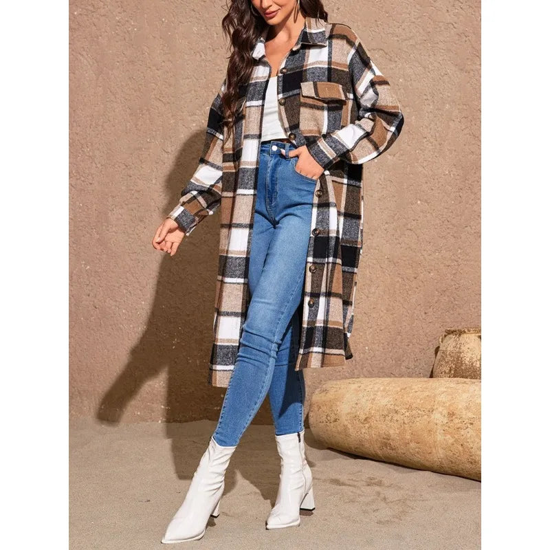 Coats- Fall Plaid Longline Coat for Work & Casual Outings- - Chuzko Women Clothing