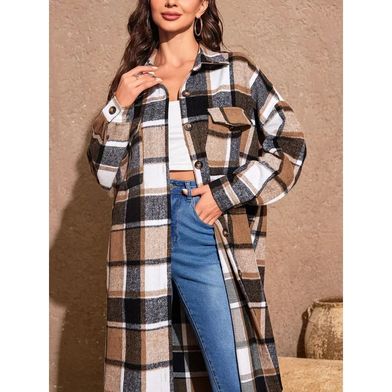 Coats- Fall Plaid Longline Coat for Work & Casual Outings- - Chuzko Women Clothing