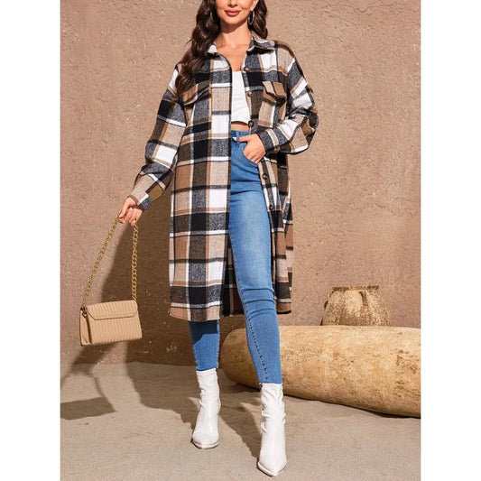 Coats- Fall Plaid Longline Coat for Work & Casual Outings- - Chuzko Women Clothing