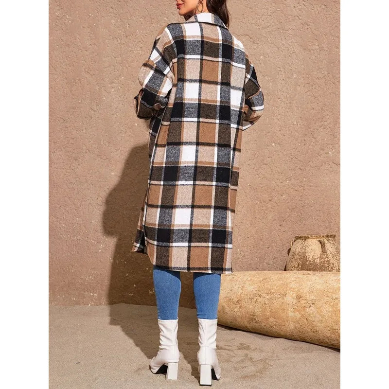 Coats- Fall Plaid Longline Coat for Work & Casual Outings- - Chuzko Women Clothing