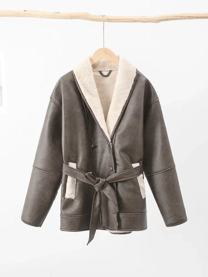 Coats - Faux Leather Shearling Wrap Jacket Fall Fashion for Women