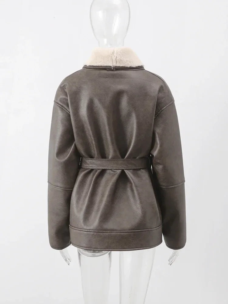 Coats - Faux Leather Shearling Wrap Jacket Fall Fashion for Women