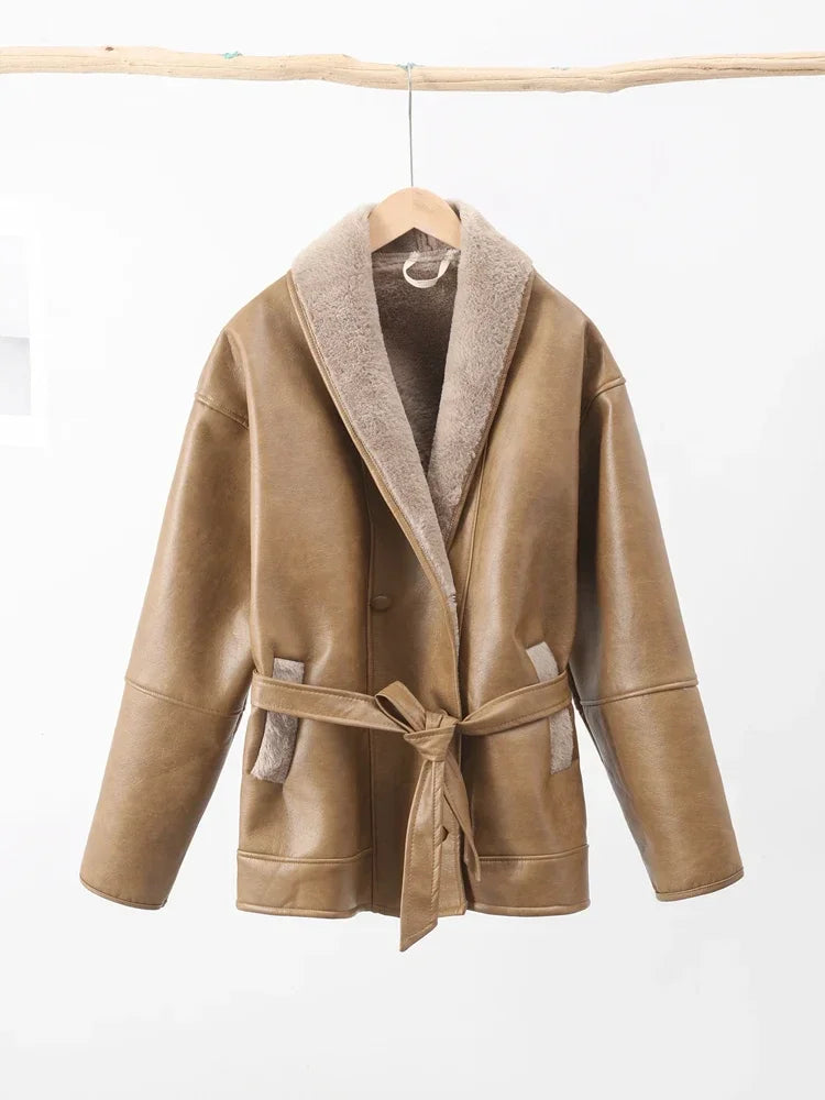 Coats - Faux Leather Shearling Wrap Jacket Fall Fashion for Women