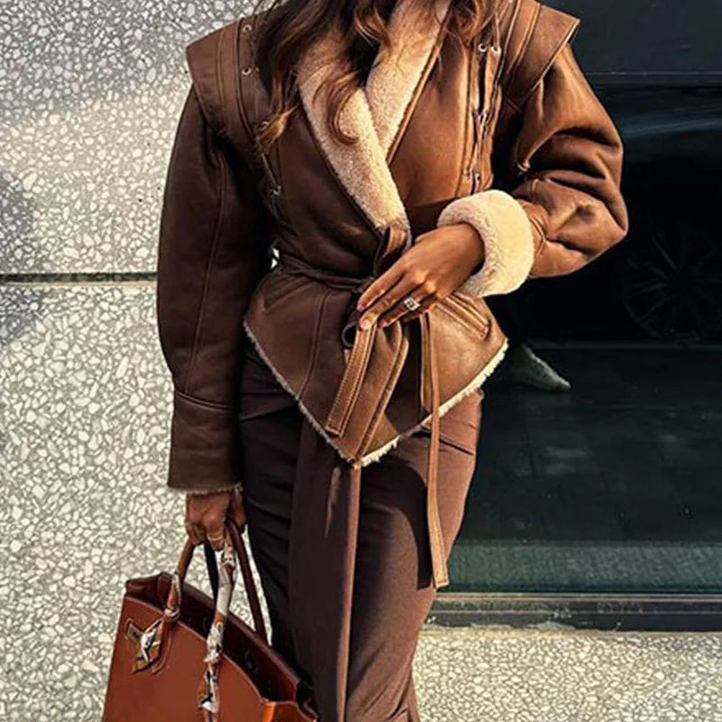 Coats - Faux Leather Shearling Wrap Jacket Fall Fashion for Women