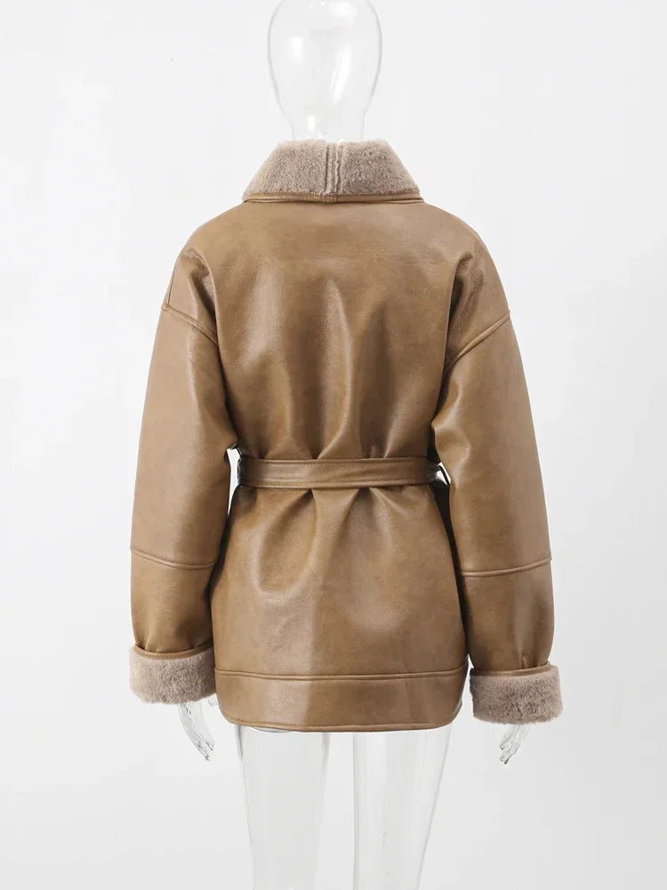 Coats - Faux Leather Shearling Wrap Jacket Fall Fashion for Women