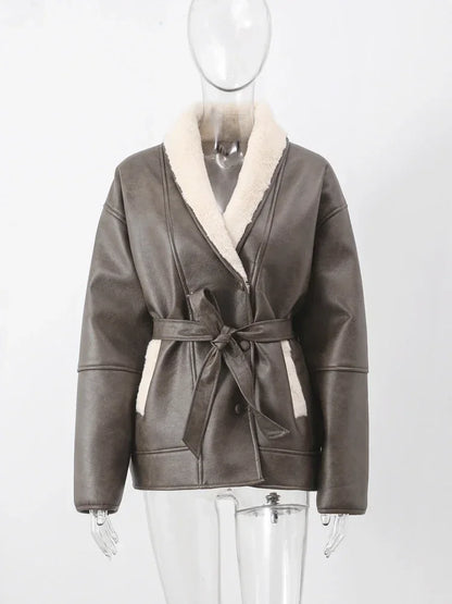 Coats - Faux Leather Shearling Wrap Jacket Fall Fashion for Women