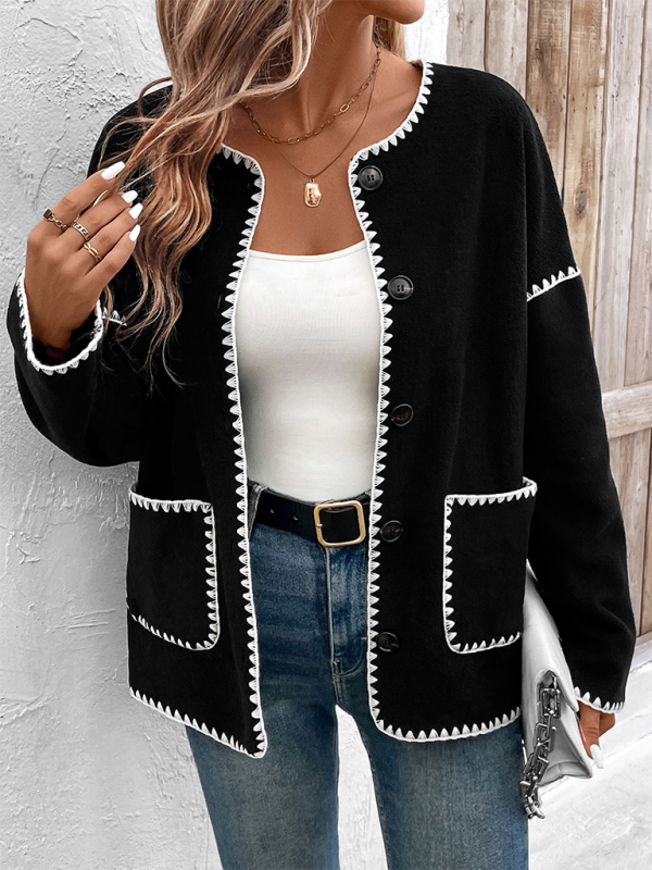 Coats Jackets- Women Black Fleece Jacket with Zigzag Stitching- - Pekosa Women Fashion