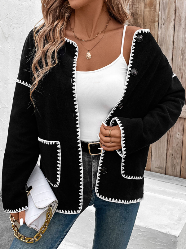 Coats Jackets- Women Black Fleece Jacket with Zigzag Stitching- - Pekosa Women Fashion