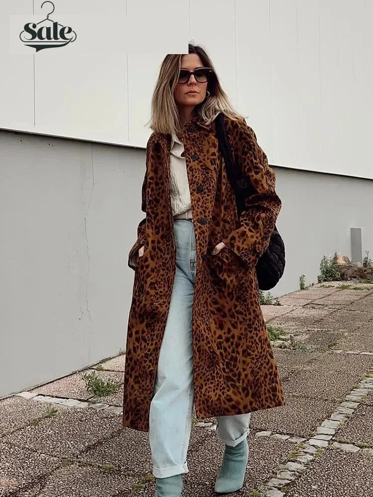 Coats - Leopard Print Long Coat Animal Pattern Winter Outwear