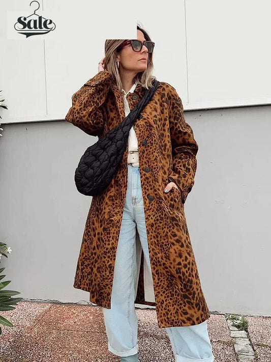 Coats - Leopard Print Long Coat Animal Pattern Winter Outwear