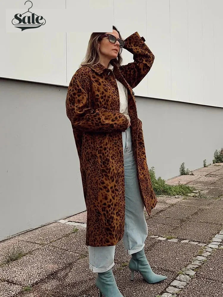 Coats - Leopard Print Long Coat Animal Pattern Winter Outwear