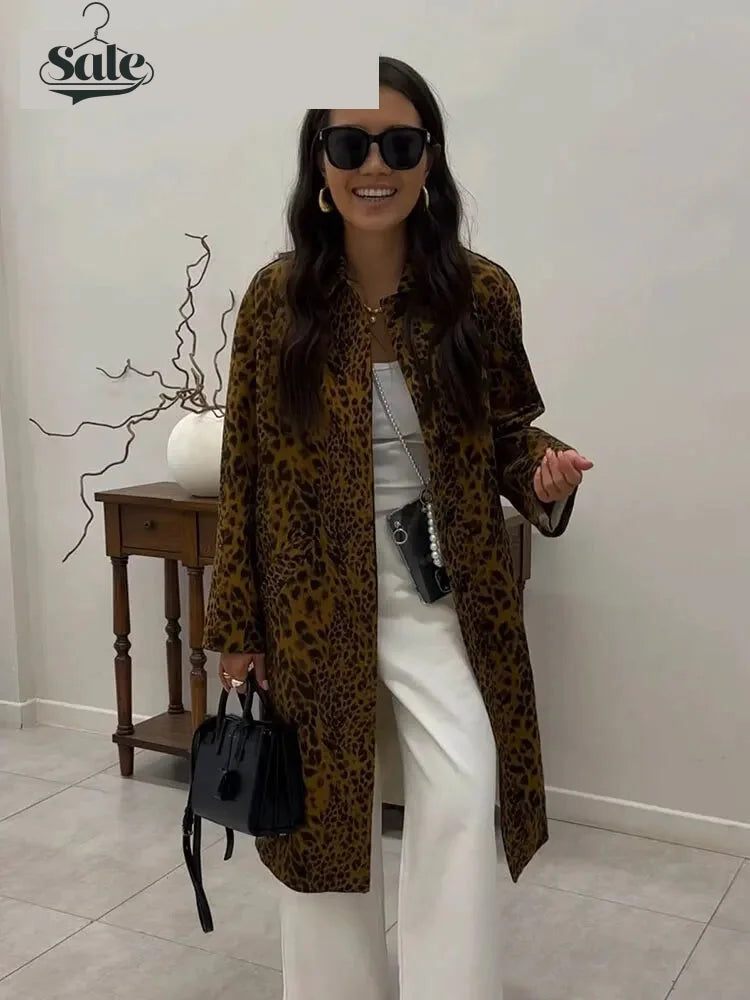 Coats - Leopard Print Long Coat Animal Pattern Winter Outwear