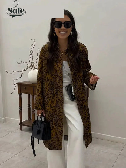 Coats - Leopard Print Long Coat Animal Pattern Winter Outwear