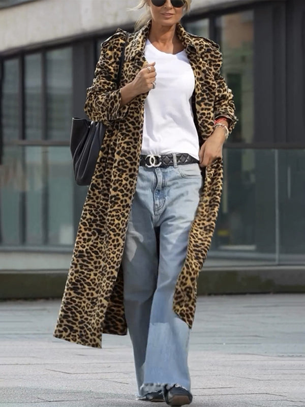 Coats - Leopard Print Notch Lapel Coat Evening Windbreaker