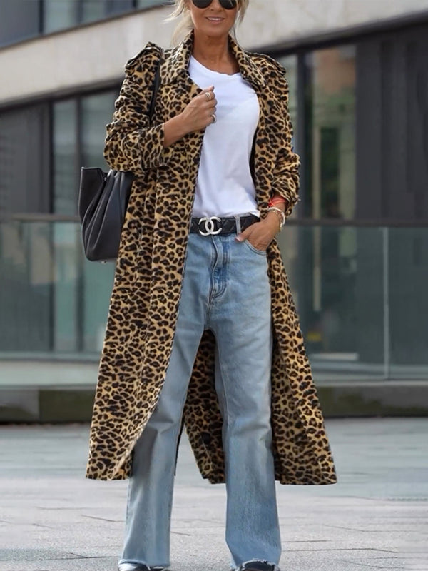 Coats - Leopard Print Notch Lapel Coat Evening Windbreaker