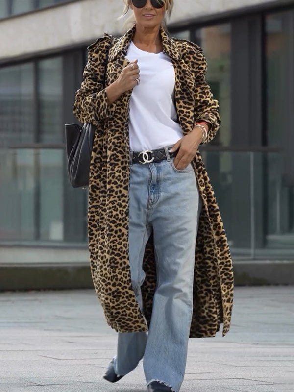 Coats - Leopard Print Notch Lapel Coat Evening Windbreaker