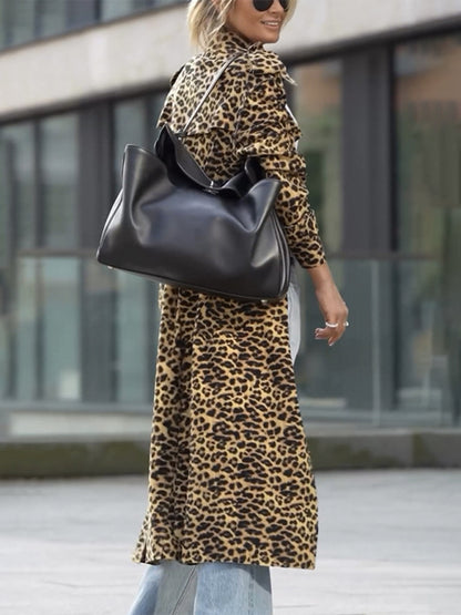 Coats - Leopard Print Notch Lapel Coat Evening Windbreaker