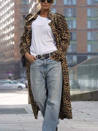 Coats - Leopard Print Notch Lapel Coat Evening Windbreaker