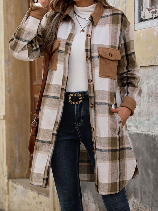 Coats- Plaid Longline Shacket – Ideal for Layering- Coffee- Chuzko Women Clothing